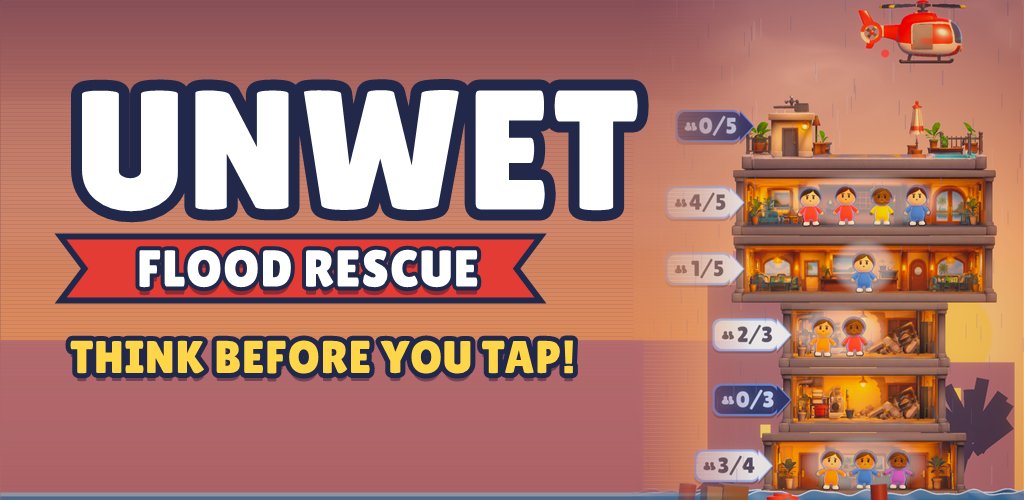 Unwet: Flood Rescue key art with a multi-floor building and rescue helicopter